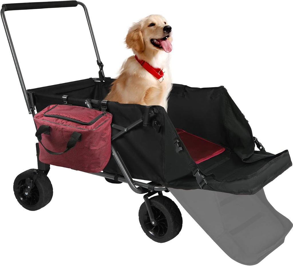 REDCAMP Collapsible Beach Wagon Dog Stroller with Tailgate, 330lbs Heavy Duty Folding Utility Beach Cart with Cooler Bag for Sand Camping Sports Shopping, Black