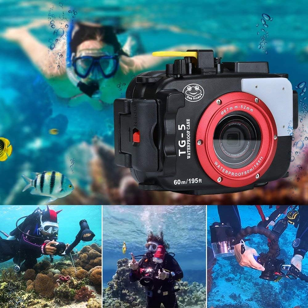 Seafrogs WPC-TG5 Waterproof housing case Underwater Diving 195FT/60M Works for Olympus TG-5 Cameras(Housing + Red Filter)