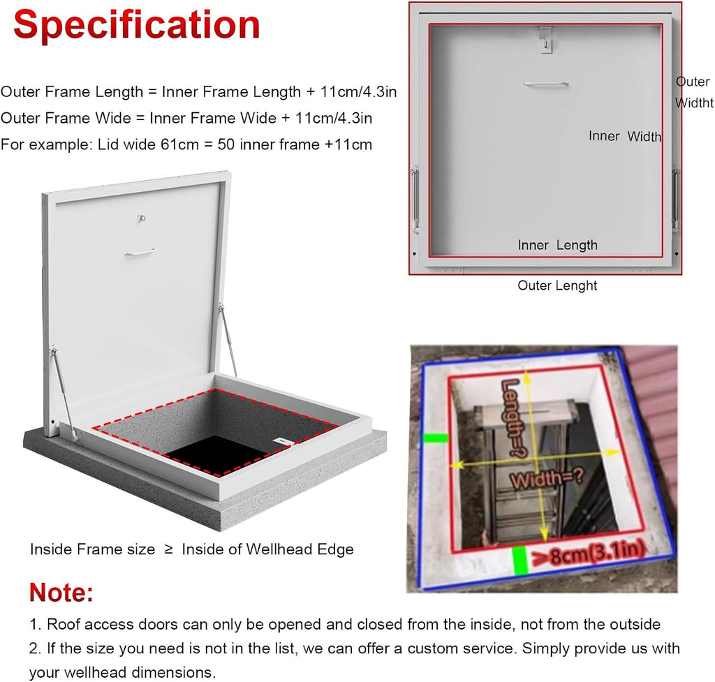 White Ceiling Hatch Lid with Hasp Latch & Gas Shock Strut, Large Building Roof Access Hatch Door, Heavy Duty Manhole/Cellars Exit Cover Plate for Repairs(Inner-L*W-19.7x19.7in/50x50cm)