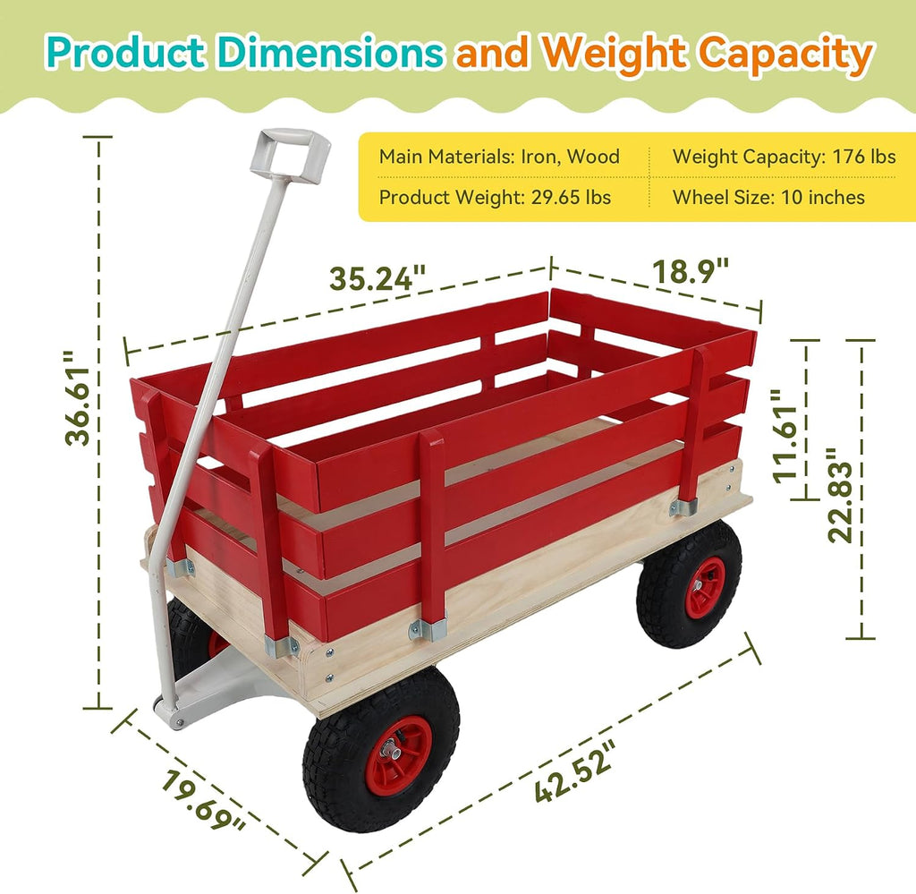 Garden Cart with Removable Side Panels, 176 lbs Capacity - Heavy-Duty Steel Yard Cart with Pneumatic Tires, Ideal for Gardening, Beach Use, and More (Red-White Handle)