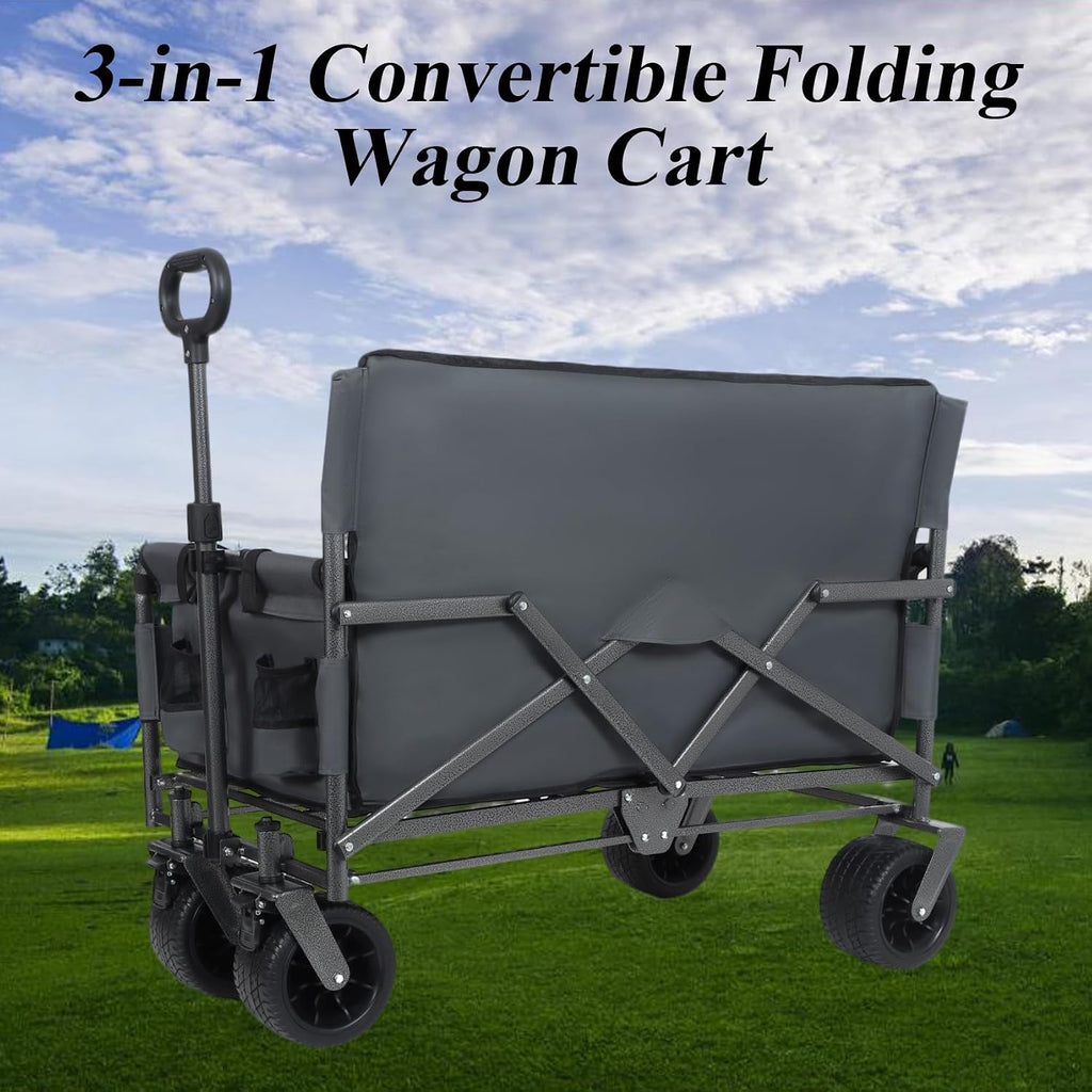3-in-1 Convertible Folding Wagon Cart with Bench Seat & Storage - 500lbs Heavy-Duty Utility Wagon, 180L Capacity All-Terrain Wheels for Camping, Beach, Sports, Garden (Grey)