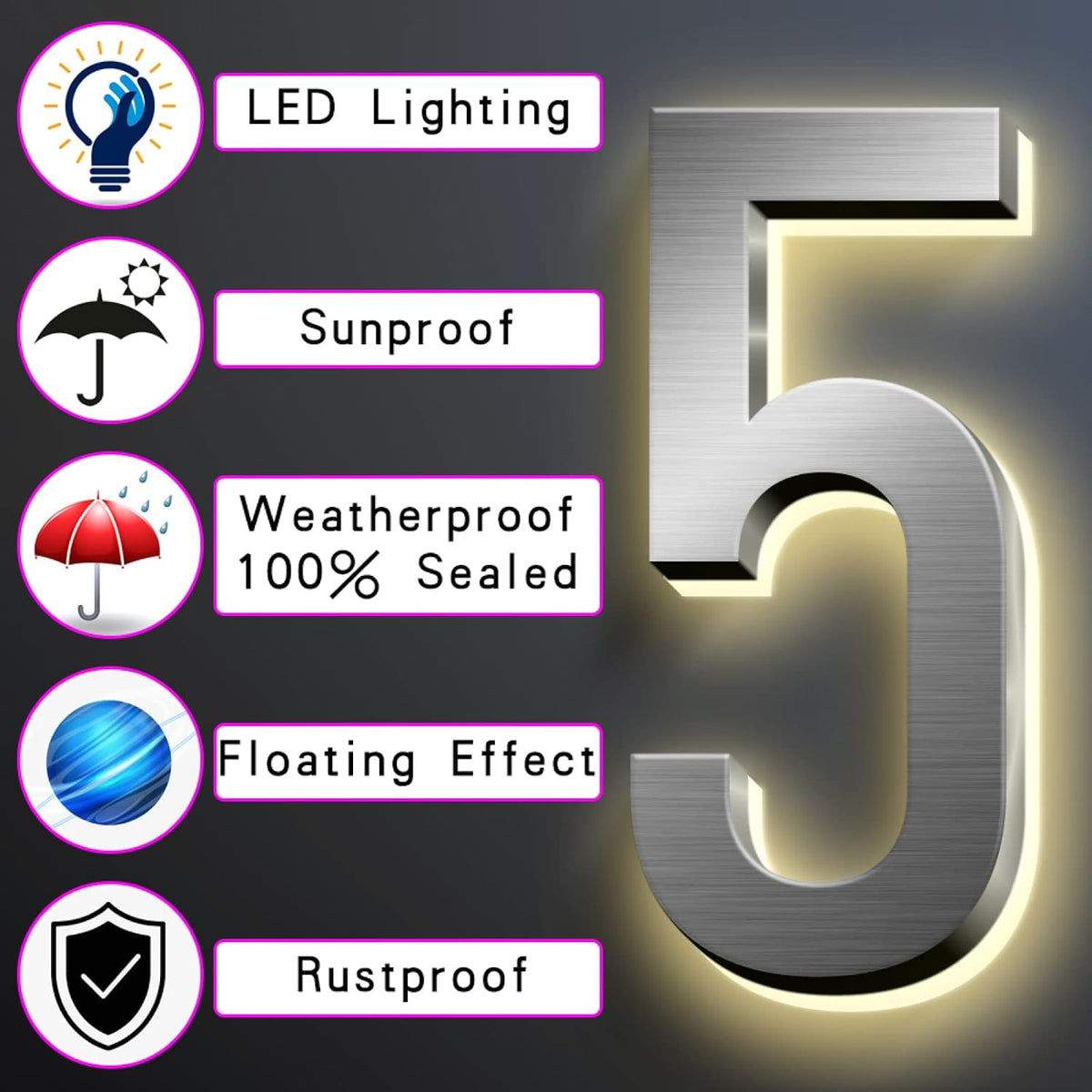 Backlit 3D LED House Number Plaque Warm White Light 0-9 Letter A-Z Stainless Steel Illuminated Address Sign For Home Outdoor, Modern Floating, Brushed Silver,20 Inch,5