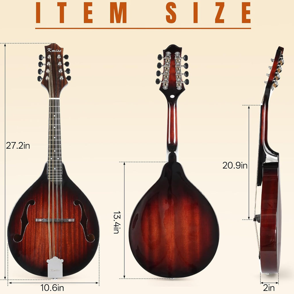 Mandolin Musical Instrument A Style, Acoustic Mandolins Instrument Kit 8 String with Tuner Strap Gig Bag Chord Chart for Professional Beginners Adults Teens Youth