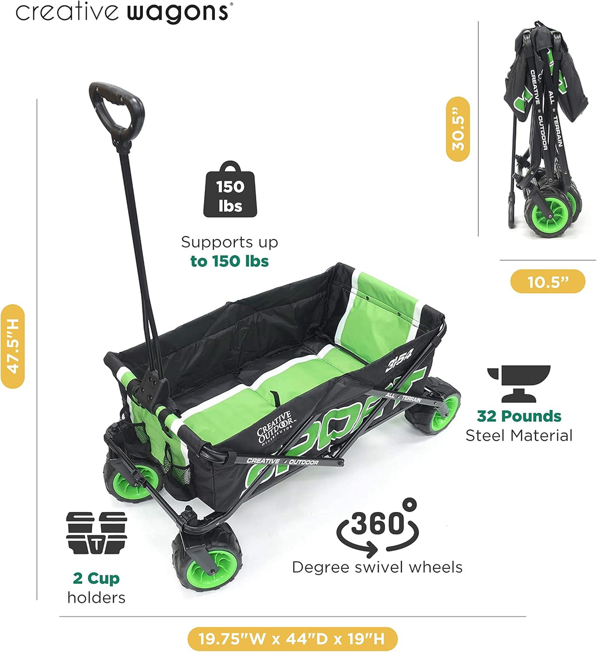 Creative Outdoor Push Pull Beach Hauler XXL, Collapsible and Portable Folding Wagon Cart, 200lbs Weight Capacity, Sport Series, Beach, Park, Garden Sports & Tailgate, (Green)