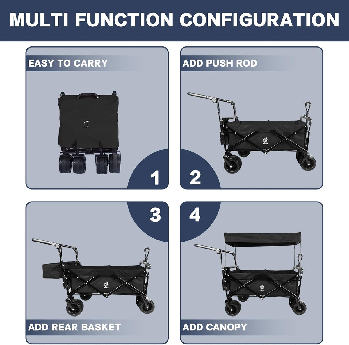 Collapsible Wagon Cart with Removable Canopy, Heavy Duty Foldable Wagon with 4' Large All Terrain Wheels, Brake, Cooler Bag, Adjustable Handles for Garden Beach Sports (Black)