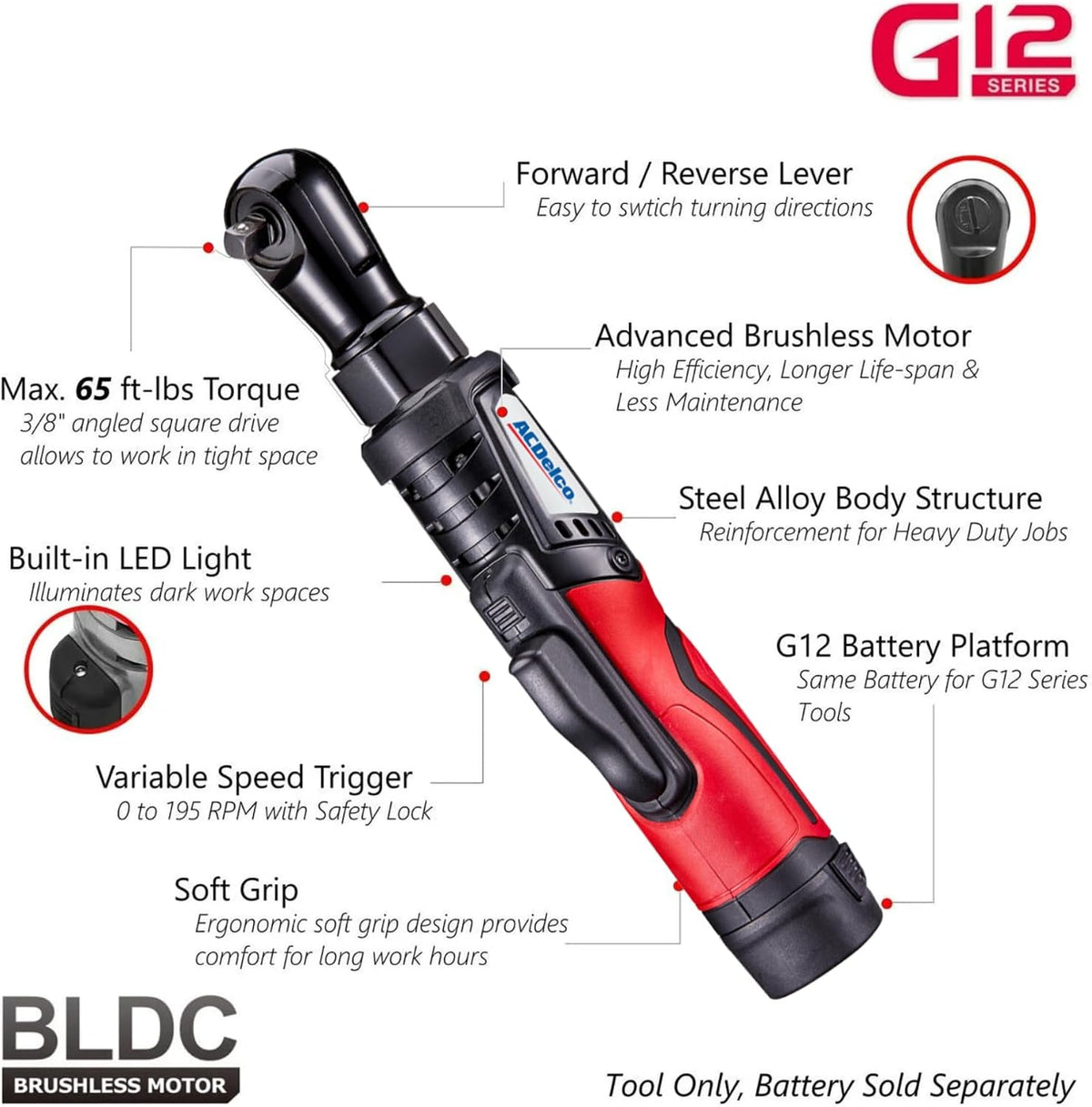 ACDelco ARW12103-K1 G12 Series 12V Cordless Li-ion 3/8' Brushless Ratchet Wrench & Impact Wrench Combo Tool