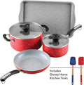 Farberware Disney Bon Voyage Ceramic Nonstick Pots and Pans Set with Baking Sheet/Cookie Pan and Disney Home Kitchen Tools, 8 Piece Non Stick Cookware Set - Red