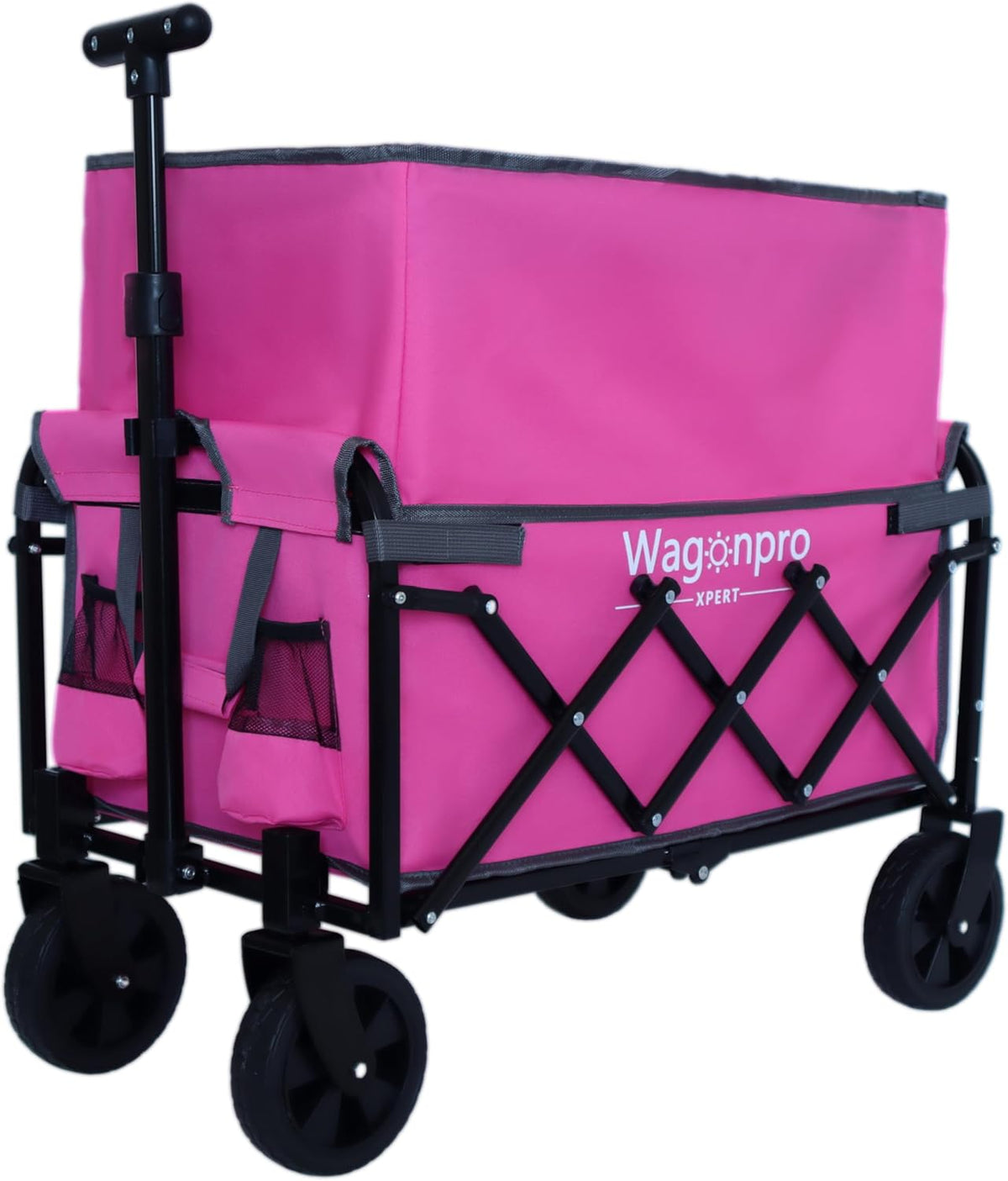 All-in-One Convertible Folding Wagon Cart with Bench Seat, 6' All-Terrain Wheels, Storage Compartment, Lightweight Utility Collapsible Wagon with Dog Tether for Camping, Beach, Grocery (Black+Gray)