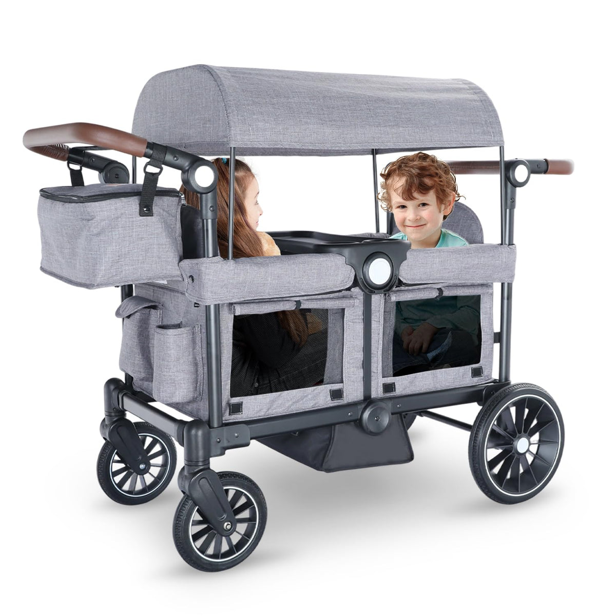 Kinder King Folding Wagon Stroller for 2 Kids, All-Terrain 2 Seater Stroller Wagon Outdoor, Removable Canopy, Adjustable Handle, Shock-Absorbing Wheel, Detachable Tray, Parent Organizer, Gray