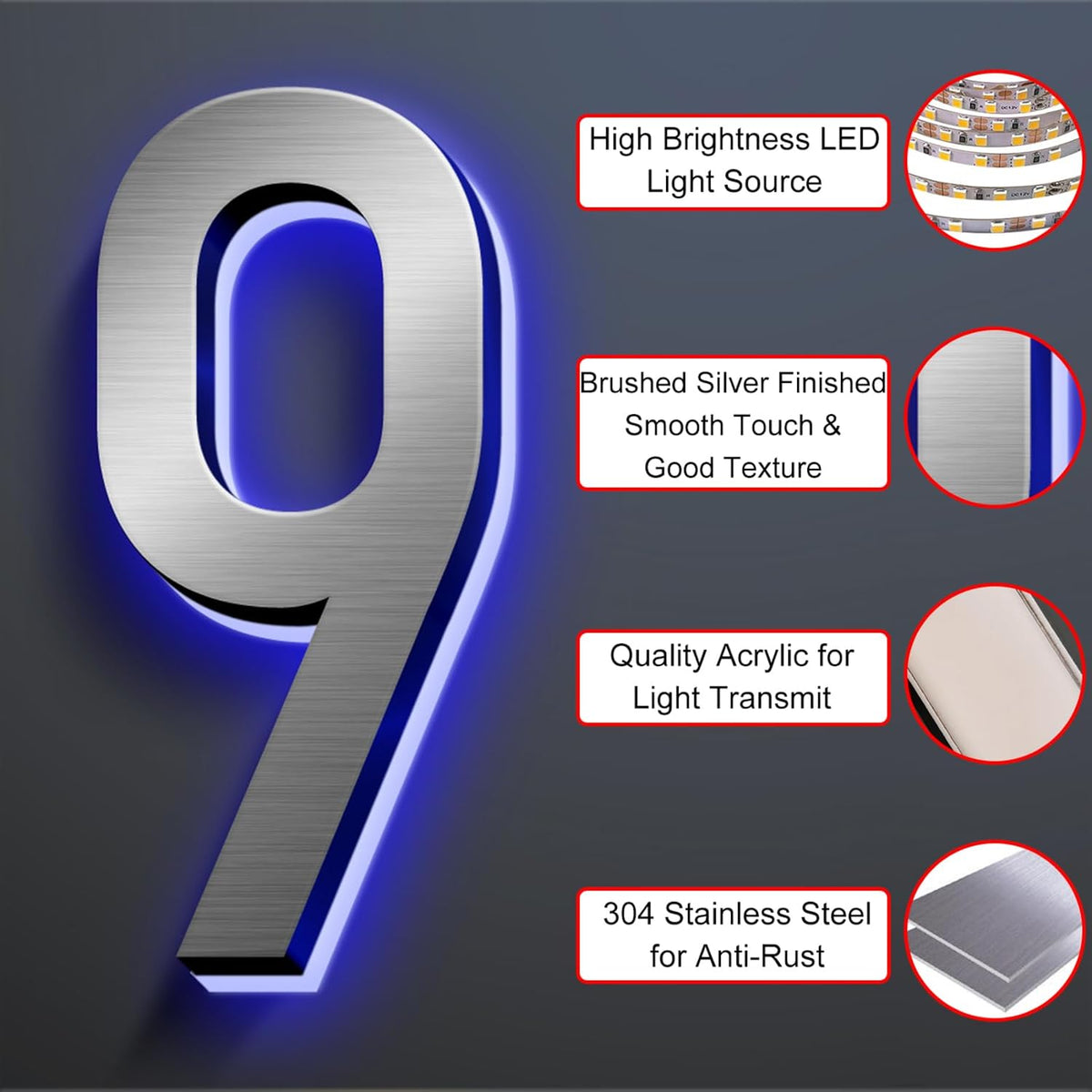 Backlit Illuminated LED Address Numbers, House Number Signs Lighted Plaque, Stainless Steel Lighted House Number For Outdoor.,20,5