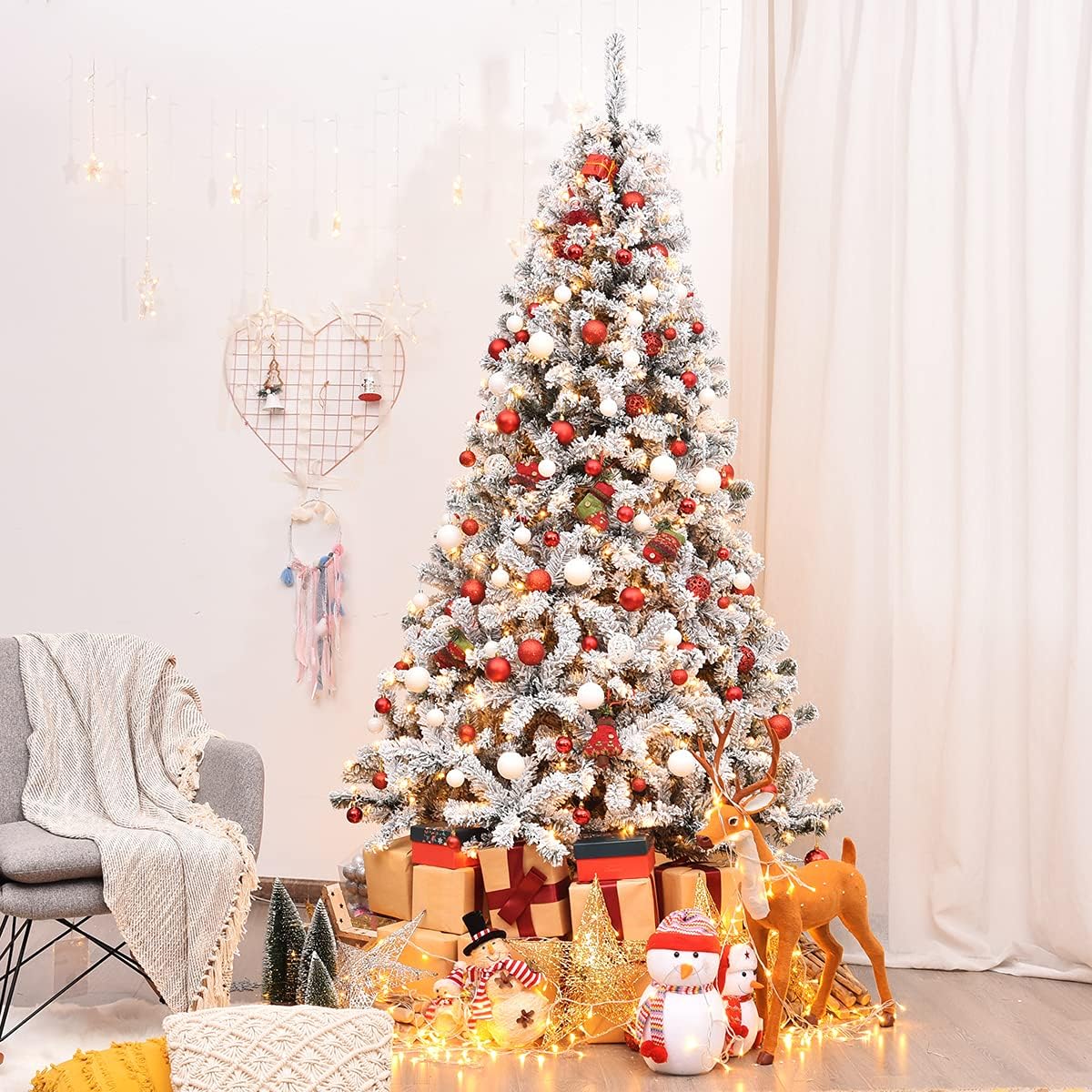 COSTWAY 7.5 FT Pre-Lit Christmas Tree, Snow Flocked Hinged Xmas Tree with 1010 Branches Tips & 450 LED Lights, Metal Stand, Artificial Pine Lighted Holiday Tree for Home Office Decorations