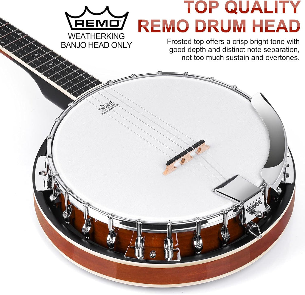 Vangoa LEFT-HANDED Banjo 5 String Mahogany Open Back Banjo with Resonator, Remo Drum Head, Geared 5th String Beginner Kit with Manual, Full Size
