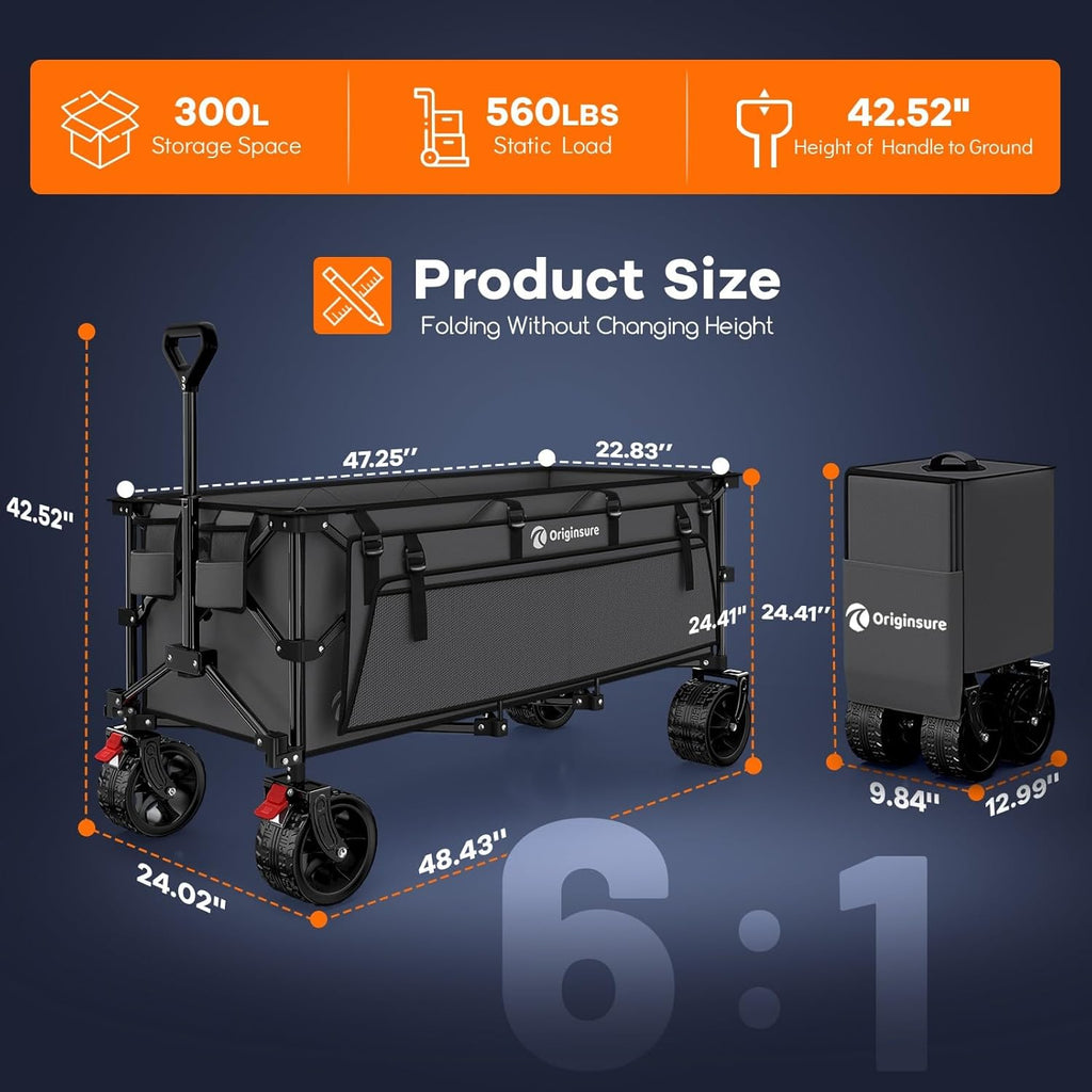 Originsure 48' L Collapsible Wagon Cart Foldable, 560lbs Weight Capacity 300L Heavy Duty Folding Beach Wagons with Big All-Terrain Wheels, Utility Carts for Groceries, Camping, Sports - Grey