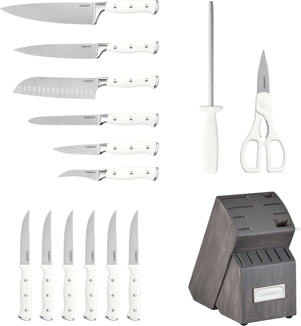 Cuisinart 15-Piece Knife Set with Block, High Carbon Stainless Steel, Forged Triple Rivet, White/Charcoal Gray C77WTR-15PCG