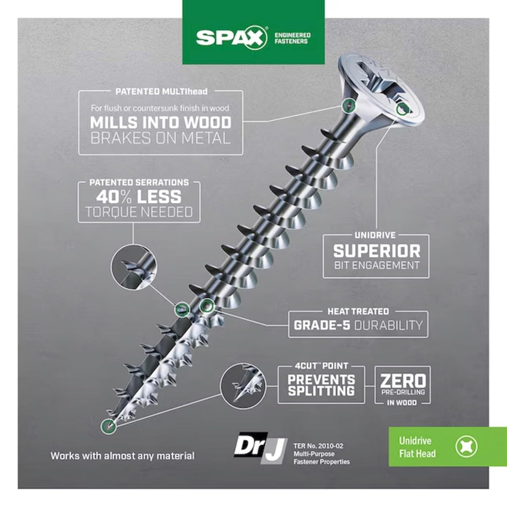 #10 x 1-1/2' Interior Flat Head Construction Wood Screws (2500 pcs) Phillips Square Unidrive Zinc