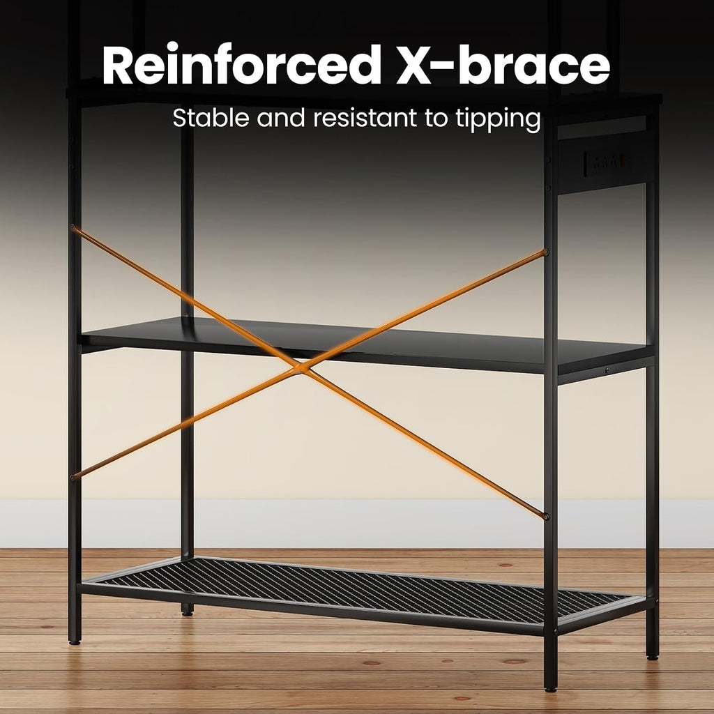 Large Bakers Rack with Power Outlet, 5-Tier Microwave Stand with Storage, Multifunctional Coffee Bar Organizer, Modern Minimalist Kitchen Storage Shelf for Home, Dining Room, Garage, Black
