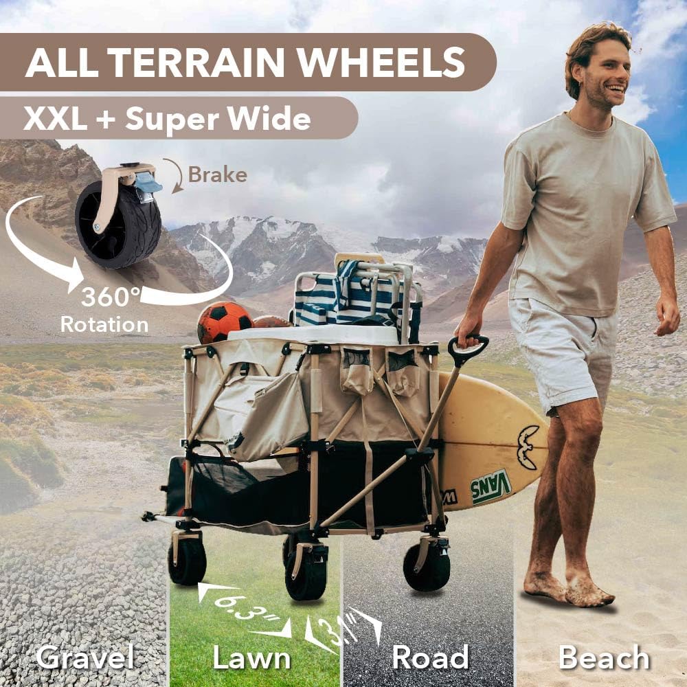 Camphor Designs 400L Collapsible Folding Double Decker Beach Wagon |Heavy Duty Utility Cart Extender|Supports 450lbs|All-Terrain Big Wheels with Breaks for Sports Camping (Beige/Beige)