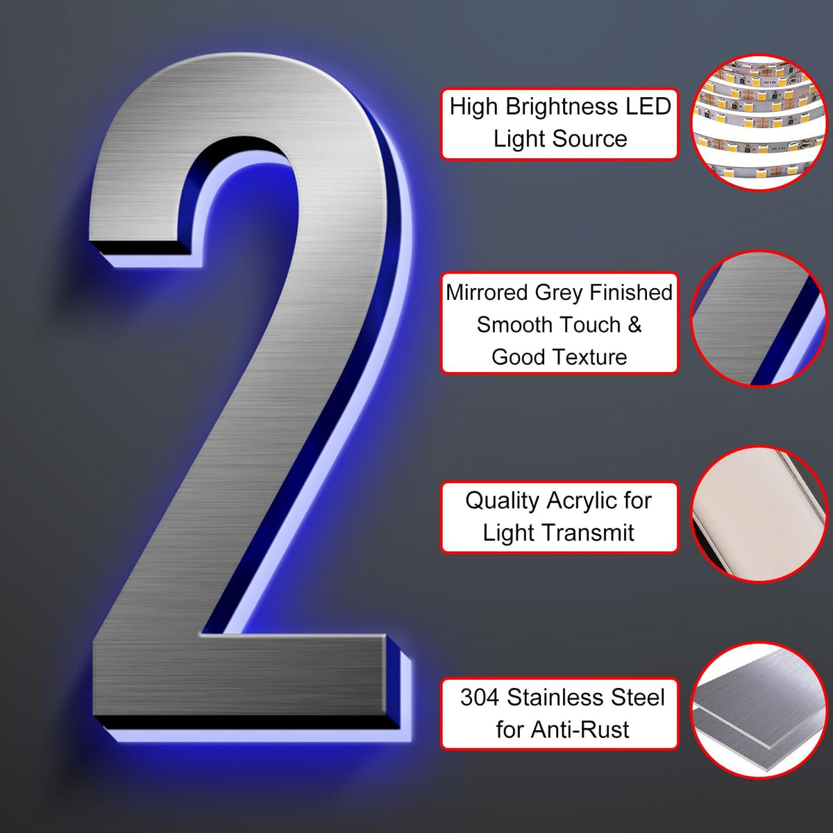 LED House Numbers, Modern Illuminated House Address Numbers For Outside, Lighted House Numbers Signs, Waterproof Backlit LED Address Numbers For House,18 Inch/450mm,3