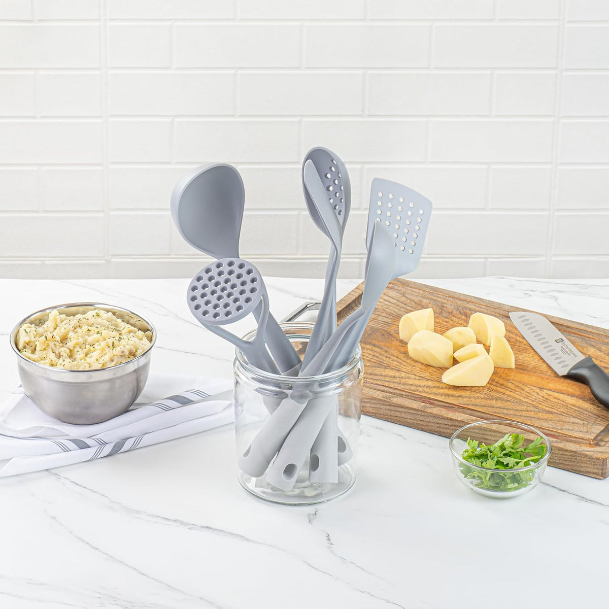 Restaurantware Silicone Utensil Set Pack of 10 Non-Slip Handle 6-Piece Nylon Kitchen Tool Set, Heat-Resistant Dishwasher-Friendly Cooking Accessories, Durable Gray and White Cooking Utensils