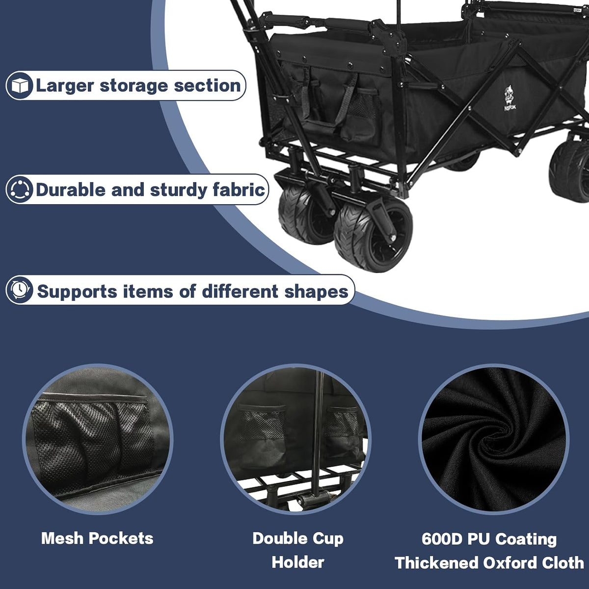 Collapsible Wagon Cart with Removable Canopy, Heavy Duty Foldable Wagon with 4' Large All Terrain Wheels, Brake, Cooler Bag, Adjustable Handles for Garden Beach Sports (Black)