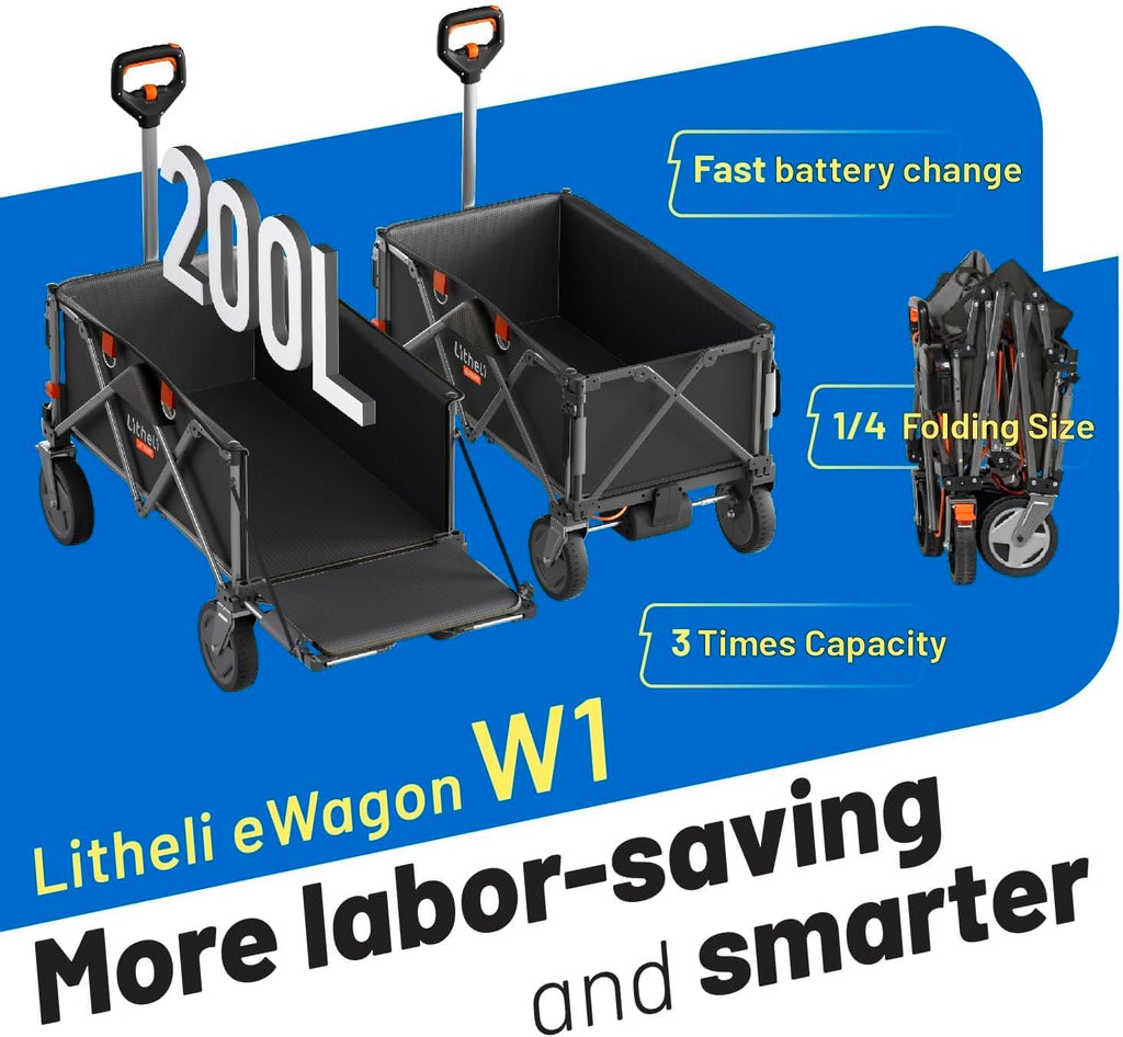 Litheli Electric Wagon Cart with 2 Batteries & Charger, All-Terrain Wheels & Variable Speed | 200L Capacity, 300 lbs Heavy-Duty Utility Wagon for Camping Beach Garden Shopping, Black