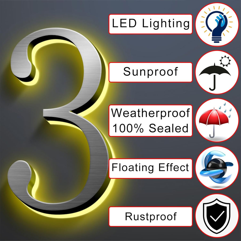 Lighted House Numbers For Outside, Backlit LED Address Numbers For House, Stainless Steel Illuminated Address Number, Waterproof, And Weather Resistant,20 Inch/500mm,U
