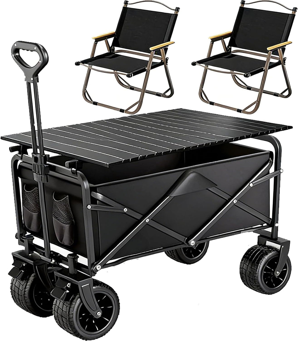 Collapsible Folding Camping Wagon with Table & 2 Folding Chairs, 400L Large Capacity Heavy Duty Utility Beach Cart with All-Terrain Wheels, for Outdoor, Garden, Grocery, Beach, Camping (Black)