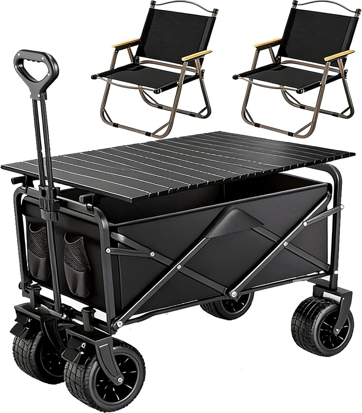 Collapsible Folding Camping Wagon with Table & 2 Folding Chairs, 400L Large Capacity Heavy Duty Utility Beach Cart with All-Terrain Wheels, for Outdoor, Garden, Grocery, Beach, Camping (Black)