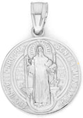 Solid 14k White Gold Saint Benedict Pendant - Double Sided Religious Medal