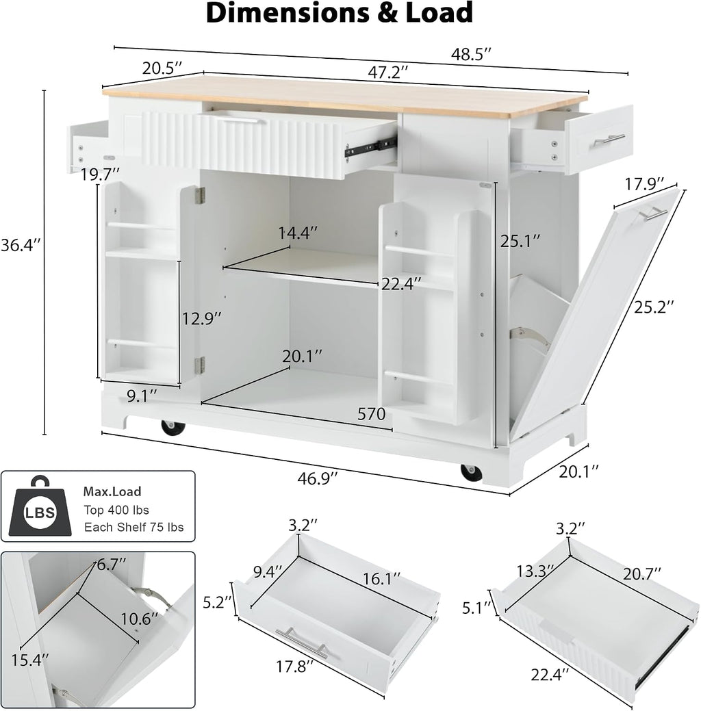 Fluted Rolling Kitchen Island Cart on 5 Wheels with Trash Can Storage Cabinet, Power Outlet, 3 Drawer, 3 Open Side Racks, 10 Gallon Garbage Bin for Kitchen, Dining Room, White