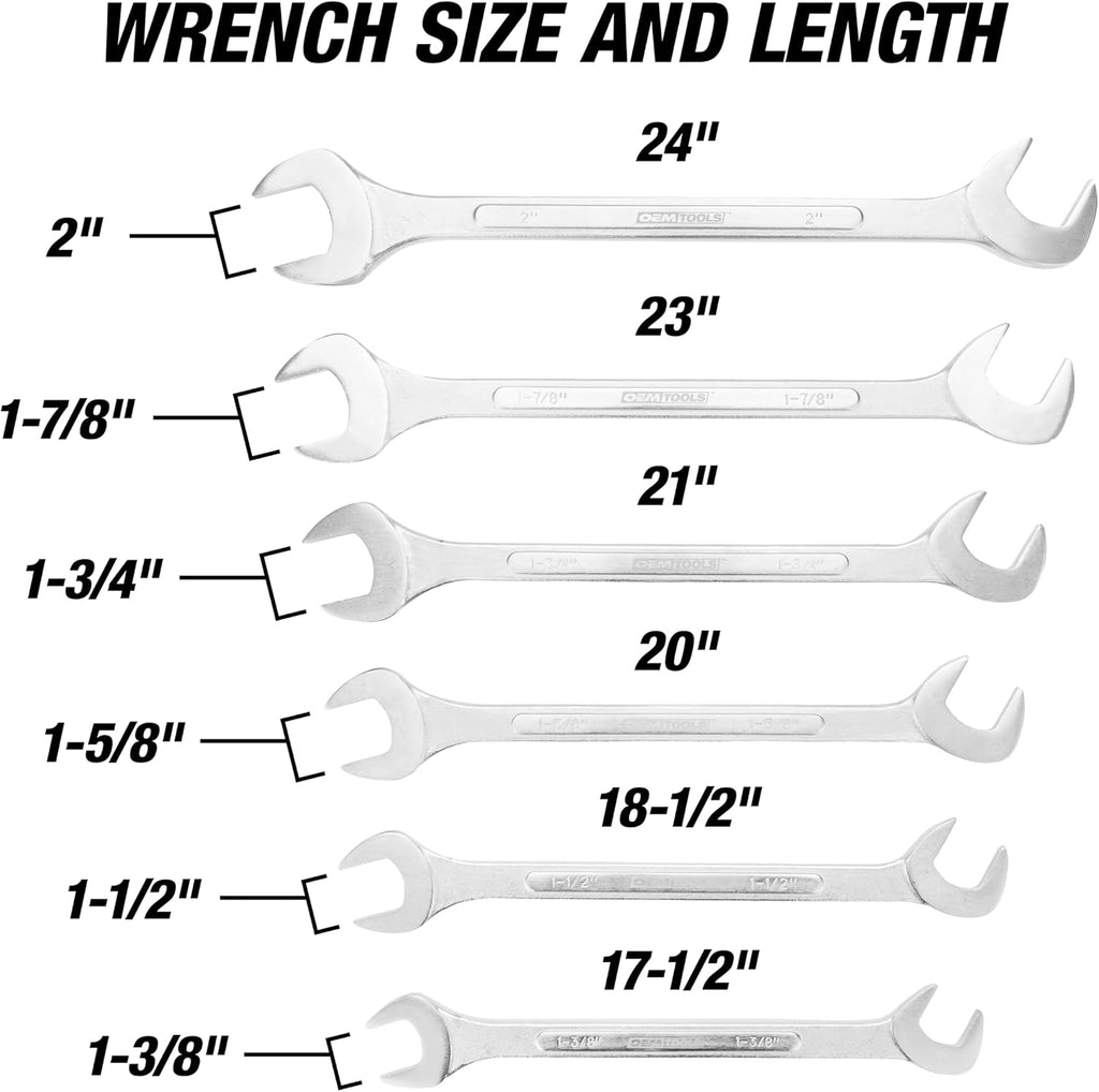 OEMTOOLS 22113 SAE Jumbo Angle Head Wrench Set, Large Fastener Access for Heavy-Duty Maintenance, 6 Piece 1-3/8' to 2' Wrenches, Chrome Finish, Carbon Steel, Wrench Roll Included