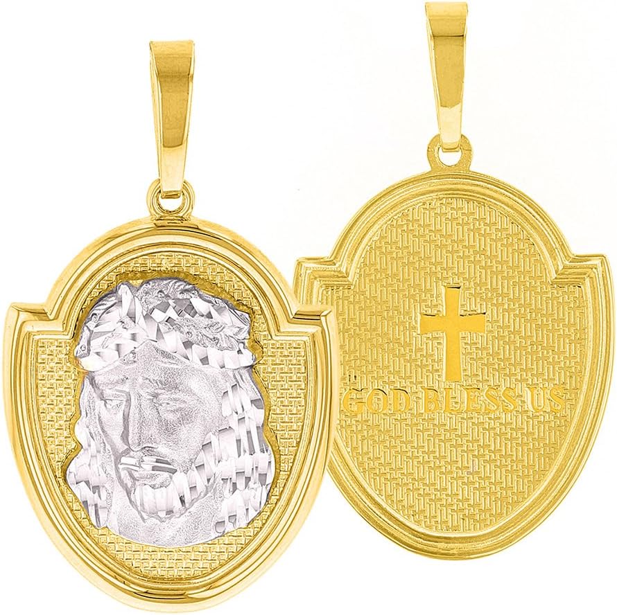 Jewelry America 14K Two-Tone Gold Jesus Christ Medal God Bless Us Pendant with Cuban Chain Necklace