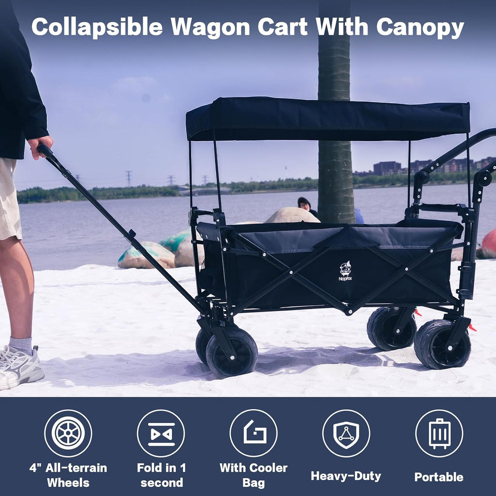 Collapsible Wagon Cart with Removable Canopy, Heavy Duty Foldable Wagon with 4' Large All Terrain Wheels, Brake, Cooler Bag, Adjustable Handles for Garden Beach Sports (Black Gray)