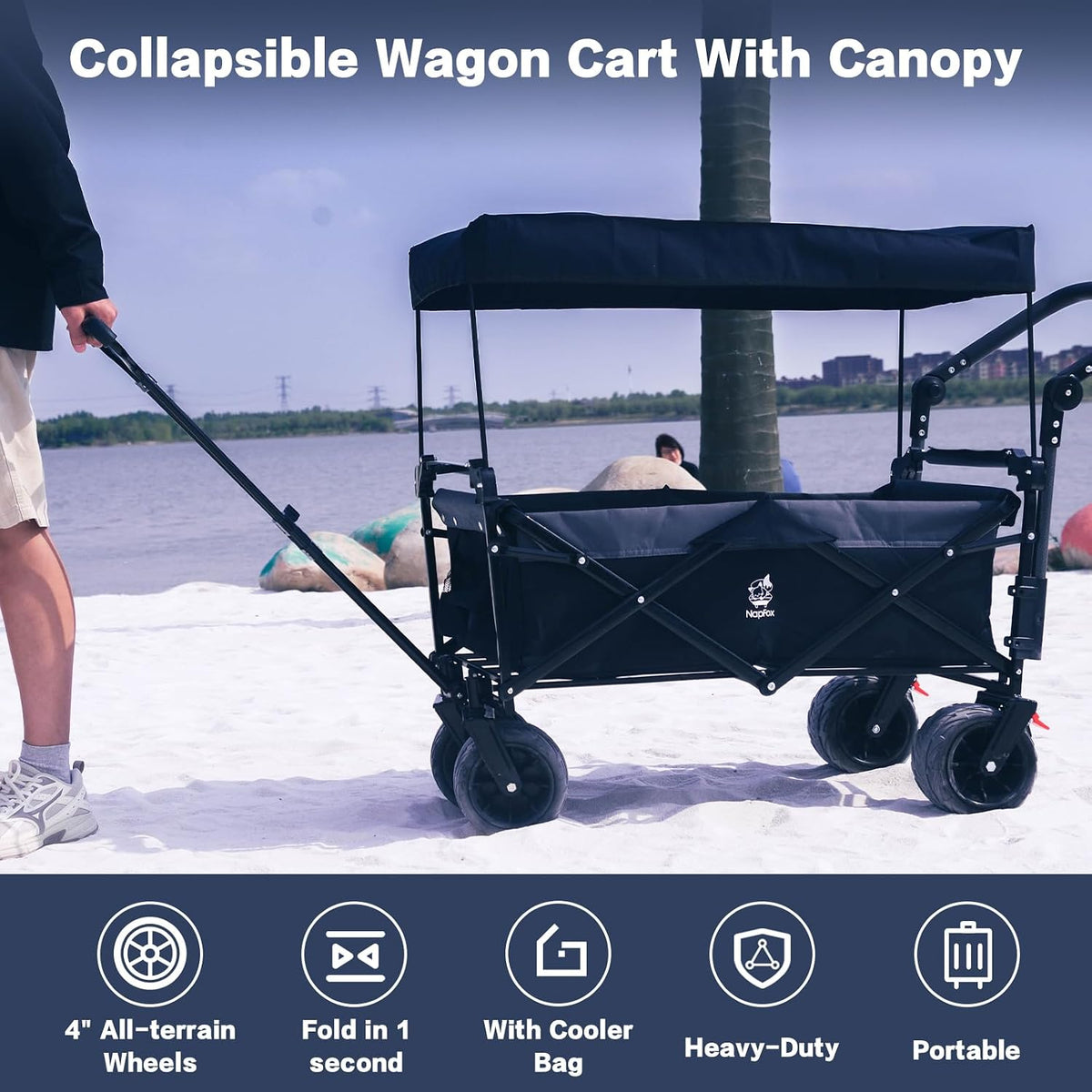 Collapsible Wagon Cart with Removable Canopy, Heavy Duty Foldable Wagon with 4' Large All Terrain Wheels, Brake, Cooler Bag, Adjustable Handles for Garden Beach Sports (Black Gray)