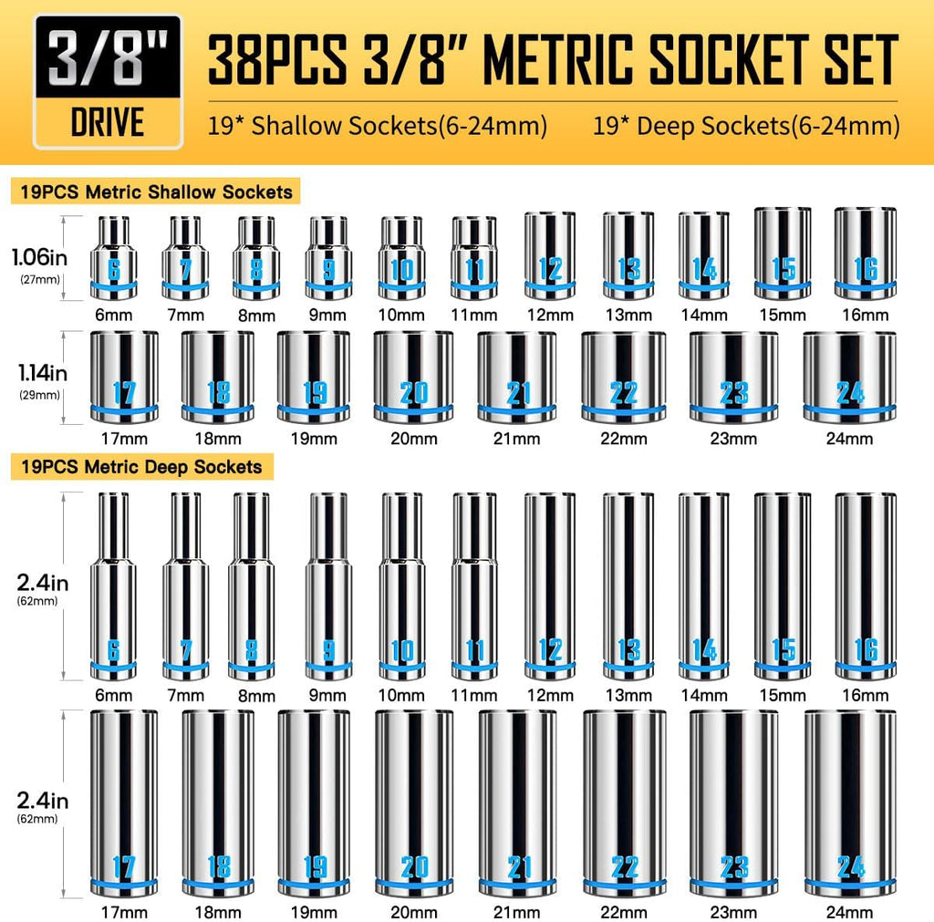 BOEN 3/8-Inch Drive Socket Wrench Set, 76-Piece Metric (6-24mm) & SAE (1/4' to 1'), Deep & Shallow Kit with Embossed & Painted Markings, Ratchet Handle, Spark Plug Sockets, Breaker Bar