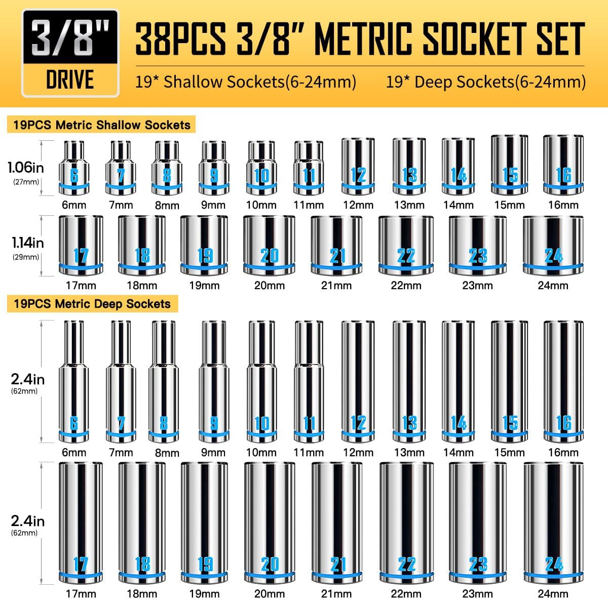 BOEN 3/8-Inch Drive Socket Wrench Set, 76-Piece Metric (6-24mm) & SAE (1/4' to 1'), Deep & Shallow Kit with Embossed & Painted Markings, Ratchet Handle, Spark Plug Sockets, Breaker Bar