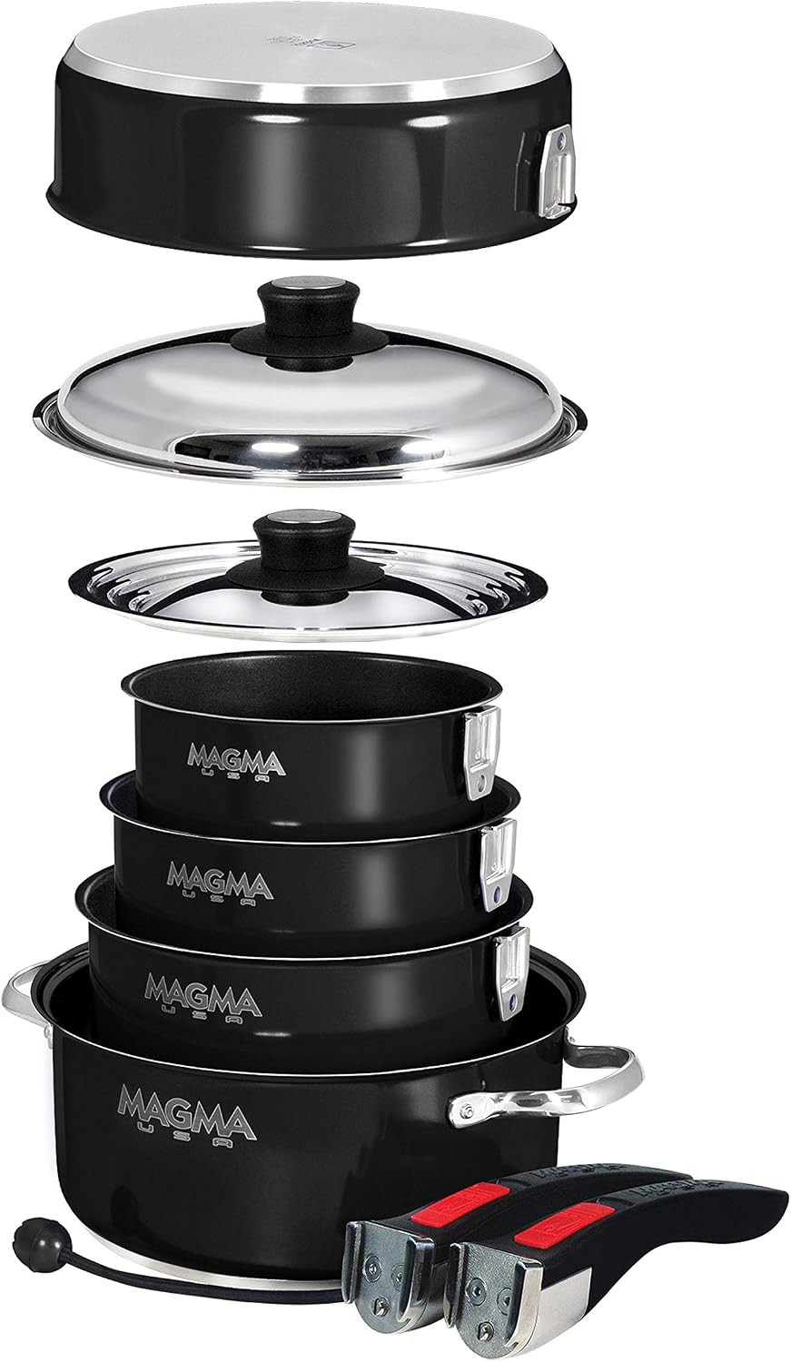 Magma 10 Piece Gourmet Nesting Stainless Steel Cookware Set with Ceramica Non-Stick, Induction Compatible, Oven Safe to 500°F - Suitable for All Stovetops, Removable Handles, Jet Black