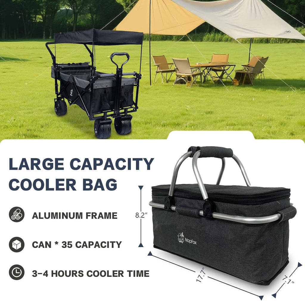 Collapsible Wagon Cart with Removable Canopy, Heavy Duty Foldable Wagon with 4' Large All Terrain Wheels, Brake, Cooler Bag, Adjustable Handles for Garden Beach Sports (Black Gray)