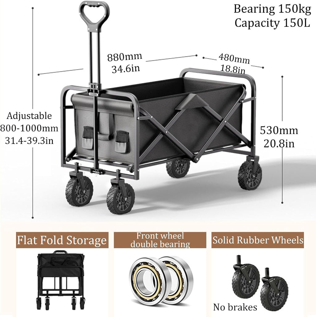 Black Garden Carts,Collapsible Wagon,Sports Outdoor Utility Wagon Garden Wagon Sports Steel Frame Foldable Yard Car Camping Cart BBQ with Double Bearing Rubber Wheel