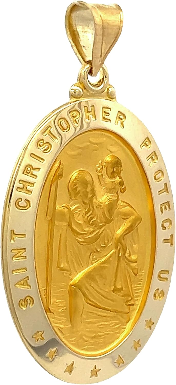 14k Yellow Gold and White Gold Polished Saint Christopher Oval Pendant Medals for Men and Boys