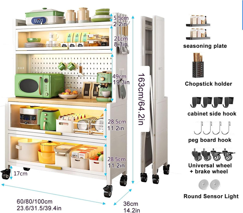 Freestanding Multi-Layer Kitchen Floor Cupboard，Microwave Storage Stand,Kitchen Cabinet Storage, Bakers Rack with Power Outlets, 5-Tier Kitchen Storage Shelf, Large Kitchen Storage Shelves w