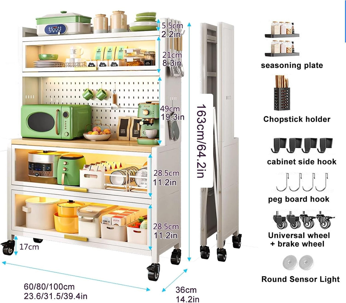Freestanding Multi-Layer Kitchen Floor Cupboard，Microwave Storage Stand,Kitchen Cabinet Storage, Bakers Rack with Power Outlets, 5-Tier Kitchen Storage Shelf, Large Kitchen Storage Shelves w
