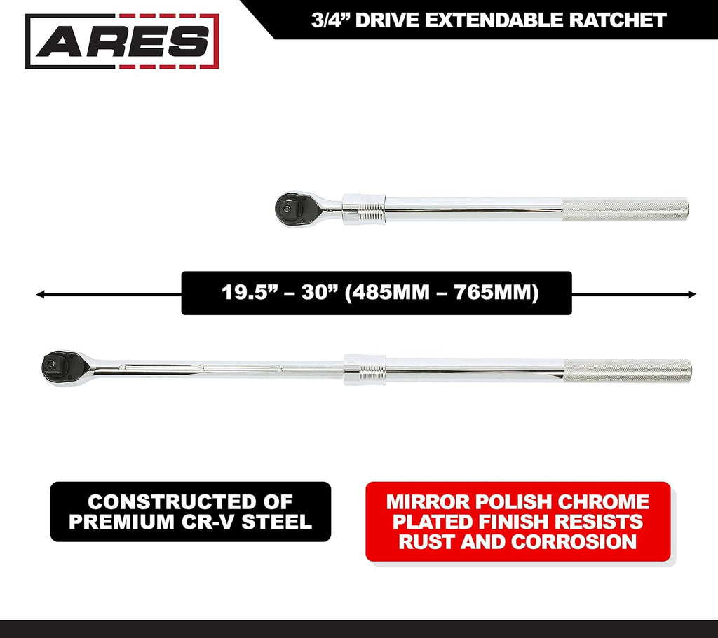 ARES 42078 – 3/4-Inch Drive Quick Release Extendable Ratchet - 72-Tooth Gear with 5 Degree Sweep – Handle Extends from 19.5 Inches to 30 Inches – Quick Release Drive Tang Locks Socket Securely