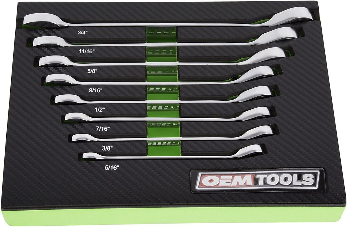 OEMTOOLS 23989 8PC R Reversible SAE Ratchet Wrench Set, CR-V 5/16'-3/4' Wrenches, Offset Jaw Ratchet Wrenches, Posi-Grip SAE Wrench Set, EVA Storage Case Wrench Organizer