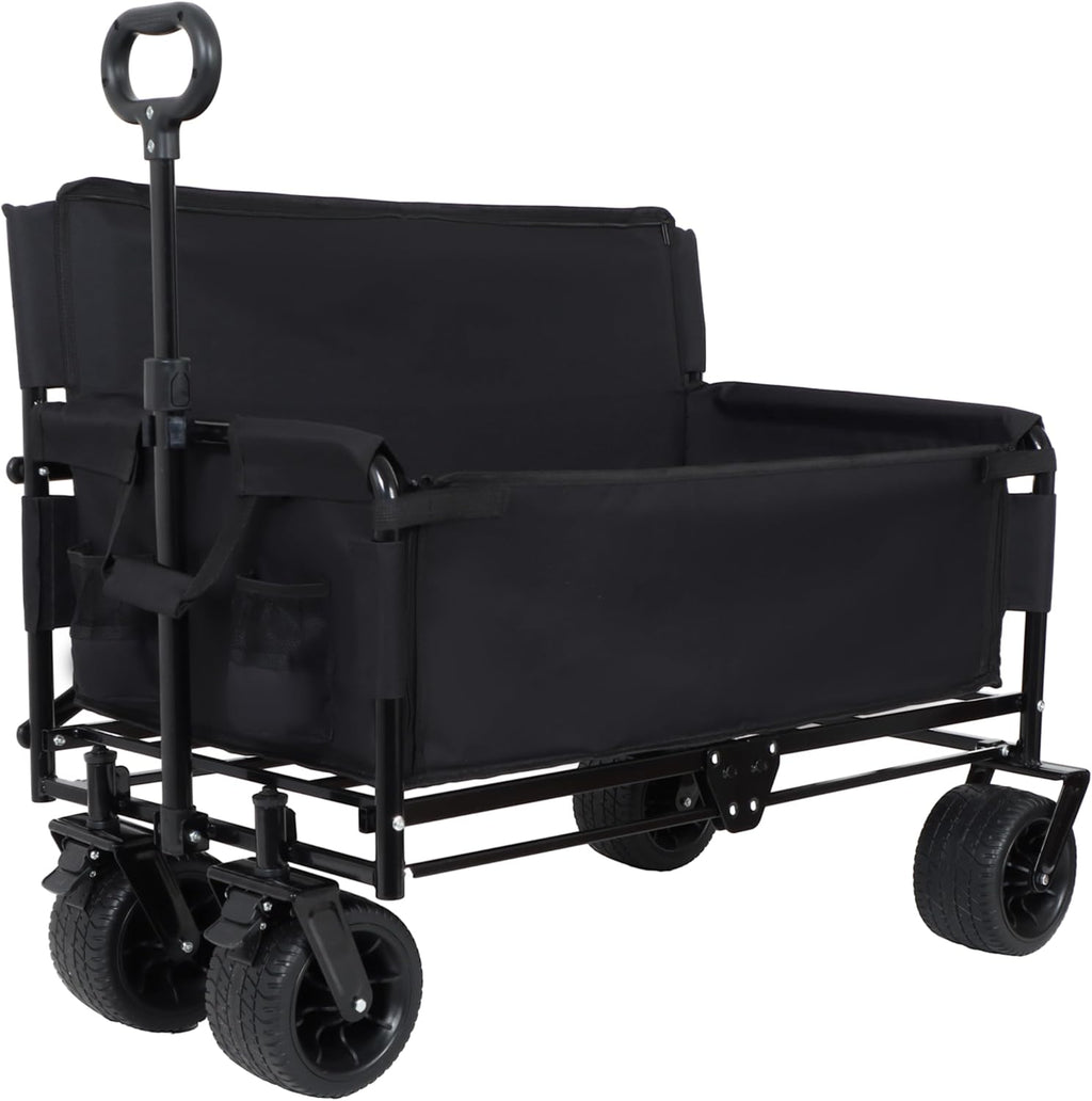 3-in-1 Convertible Folding Wagon Cart with Bench Seat & 180L Storage - 500lbs Heavy-Duty All-Terrain Wagon for Camping, Beach, Sports & Garden Use (Black)