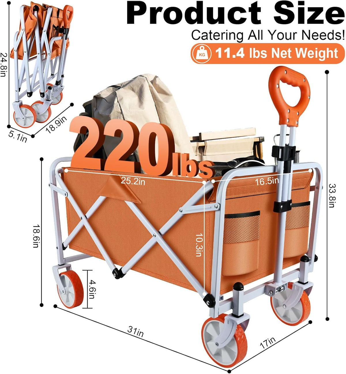 Orange Wagon for Groceries - Heavy Duty Wagon Cart with Wheels Collapsible, Large Capacity Utility Grocery Cart for Outdoor Garden Shopping and Sports