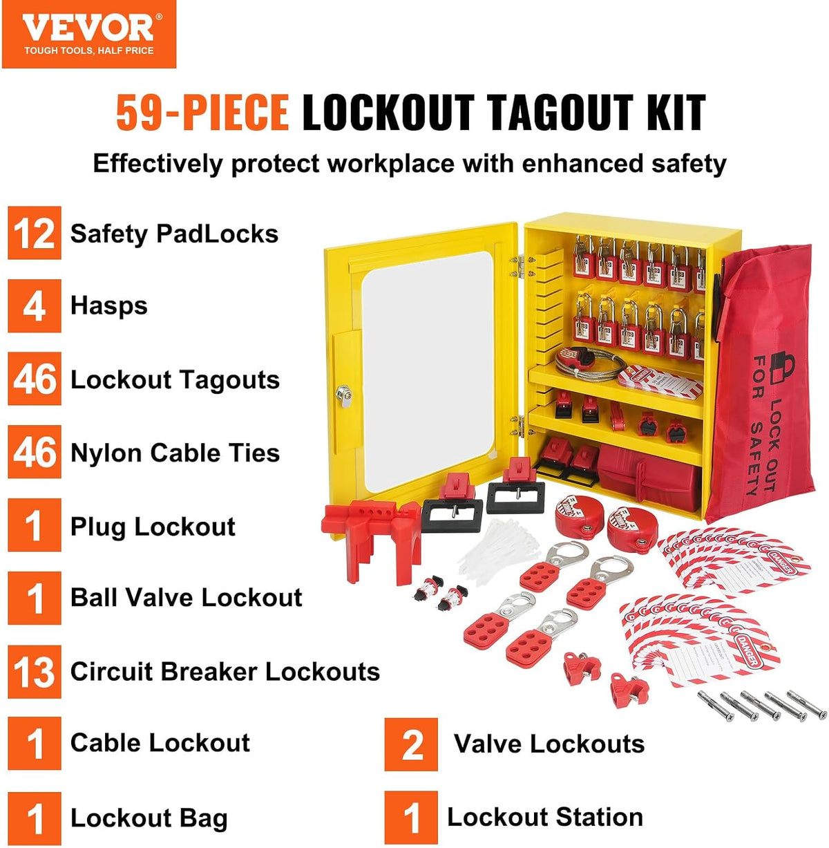 VEVOR Electrical Lockout Tagout Kit, 59 PCS Safety Lockout Tagout Station with Padlocks, Hasps, Tags, Ties, Plug Lockout, Circuit Breaker Lockouts, Valve Lockouts, Cable Lockout, Lockout Bag, Box