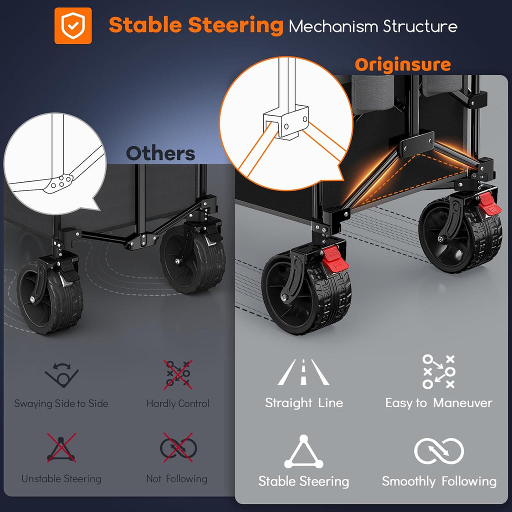 Originsure 48' L Collapsible Wagon Cart Foldable, 560lbs Weight Capacity 300L Heavy Duty Folding Beach Wagons with Big All-Terrain Wheels, Utility Carts for Groceries, Camping, Sports - Grey&Black