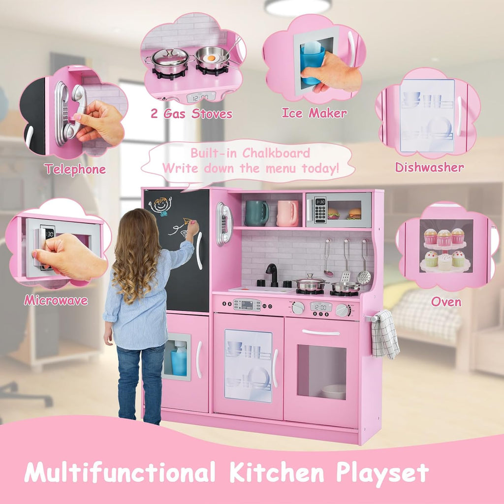 MAT EXPERT Kids Kitchen Playset, Wooden Chef Pretend Toy Kitchen w/Chalkboard, Ice Maker, Cookware Accessories, Telephone, Oven, Microwave, Play Kitchen for Toddlers, Gift for Boys Girls 3+ (Pink)