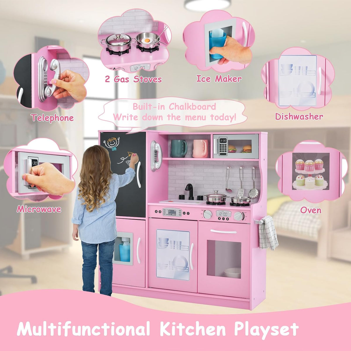 MAT EXPERT Kids Kitchen Playset, Wooden Chef Pretend Toy Kitchen w/Chalkboard, Ice Maker, Cookware Accessories, Telephone, Oven, Microwave, Play Kitchen for Toddlers, Gift for Boys Girls 3+ (Pink)